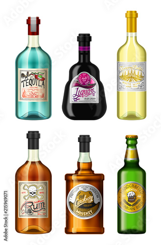 Alcohol drinks in a bottle with different vintage labels. Realistic Absent Liqueur Tequila Wine Whiskey Beer Rum. Vector illustration for the menu. logo engraved hand drawn.