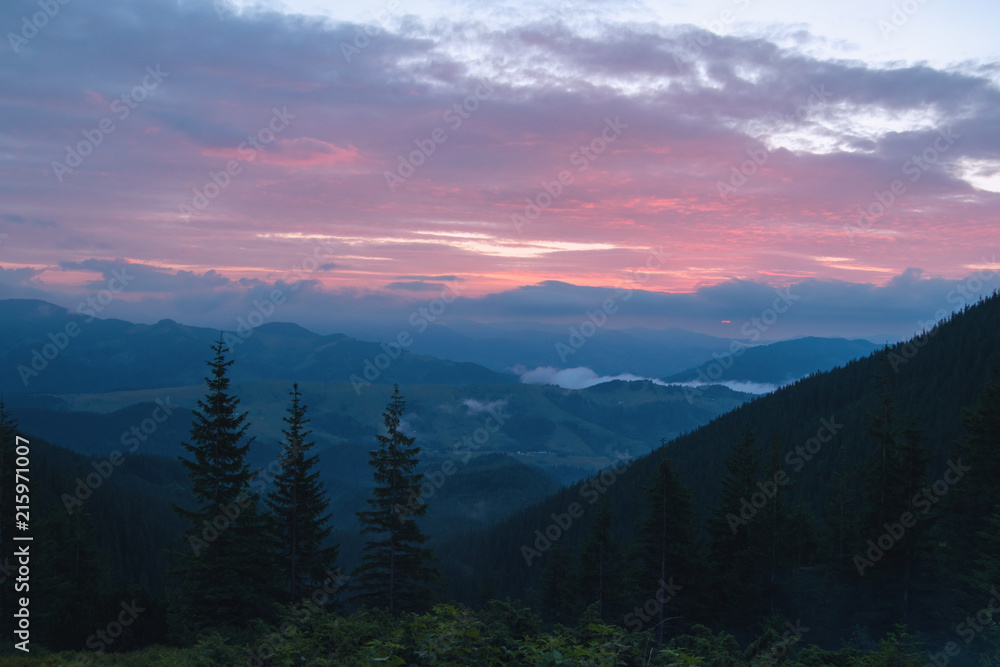 pink dawn in the mountains in summer