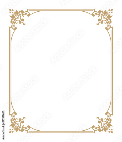 Thin gold beautiful decorative vintage frame for your design. Making menus, certificates, salons and boutiques. Gold frame on a dark background. Space for your text. Vector illustration.