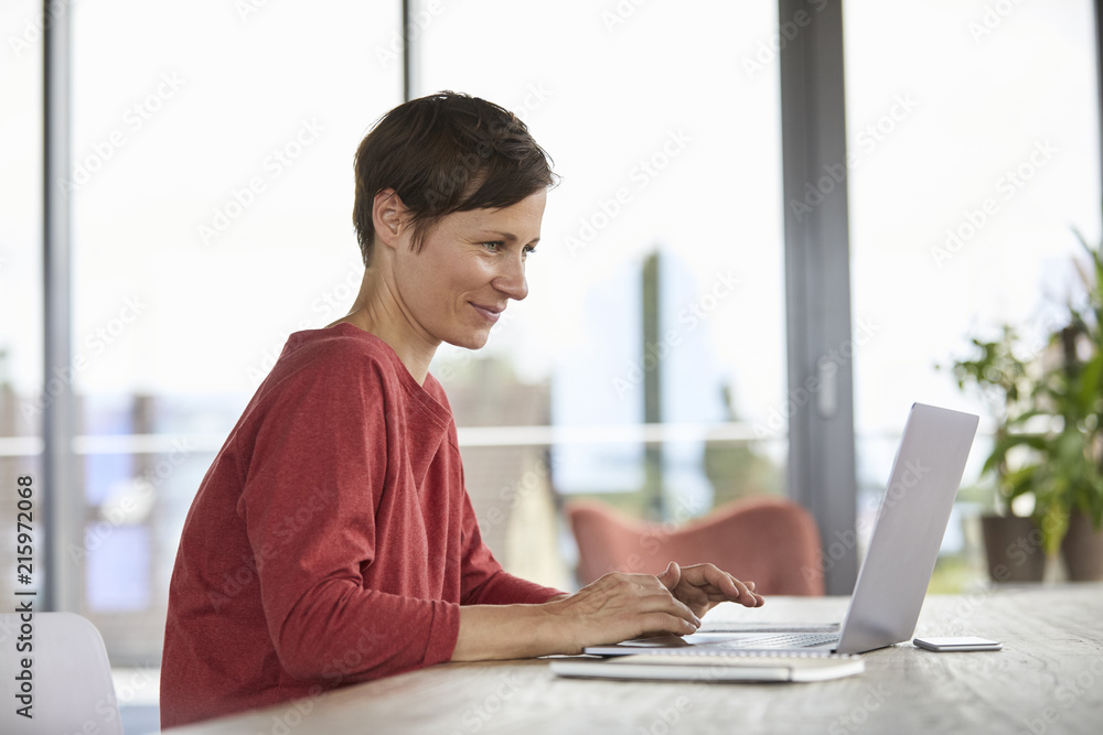 Smiling woman sitting at table at home using laptop Smiling woman sitting at table at home using laptop