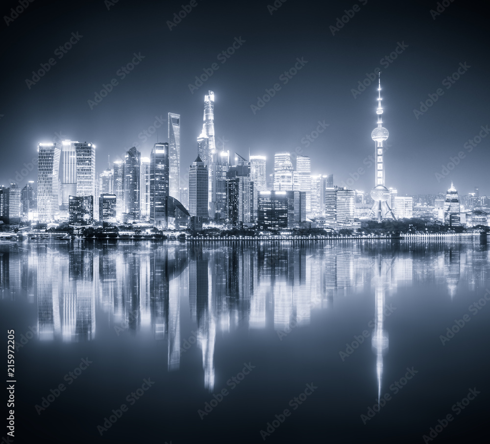 shanghai skyline night view and reflection