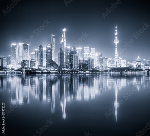 shanghai skyline night view and reflection