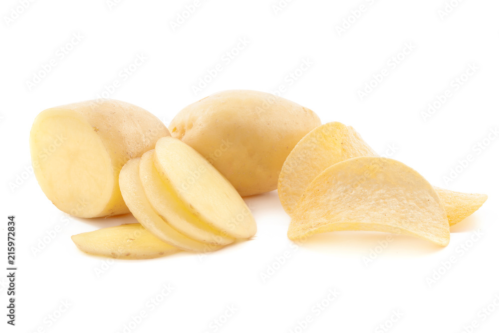 crispy chips and raw potato on white background crispy chips and raw potato on white background