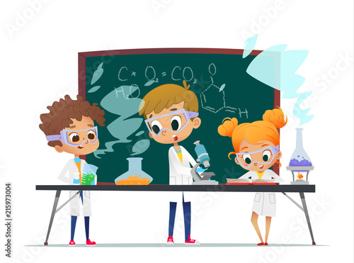 Funny little girl doing and two boys experiments in the laboratory. Explosion in the laboratory. Science and education for kids. Chemistry laboratory with pupils. Vector illustration