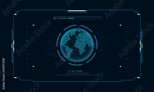 Hologram planet Earth in window virtual touchscreen user interface. Futuristic planet on control panel target screen. Concept sci fi interface for vr and video games.Vector illustration.