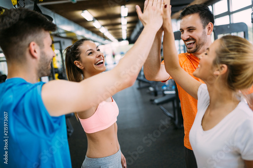 Fotografie Happy successful fitness class after training.