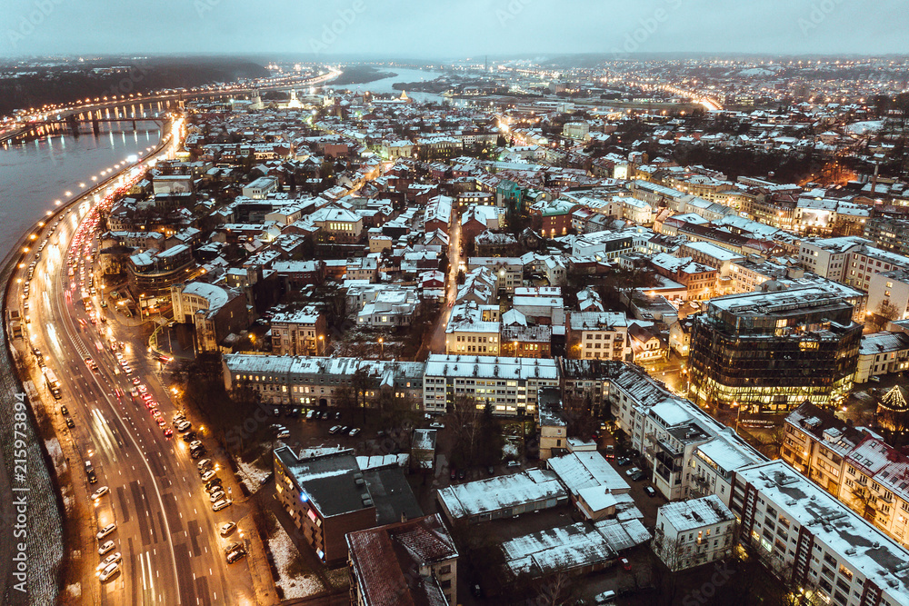Drone aerial view of Kaunas city at night