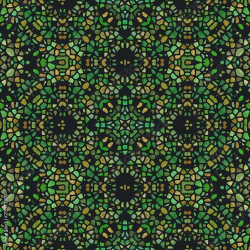 Green dark seamless kaleidoscope texture with little ornaments