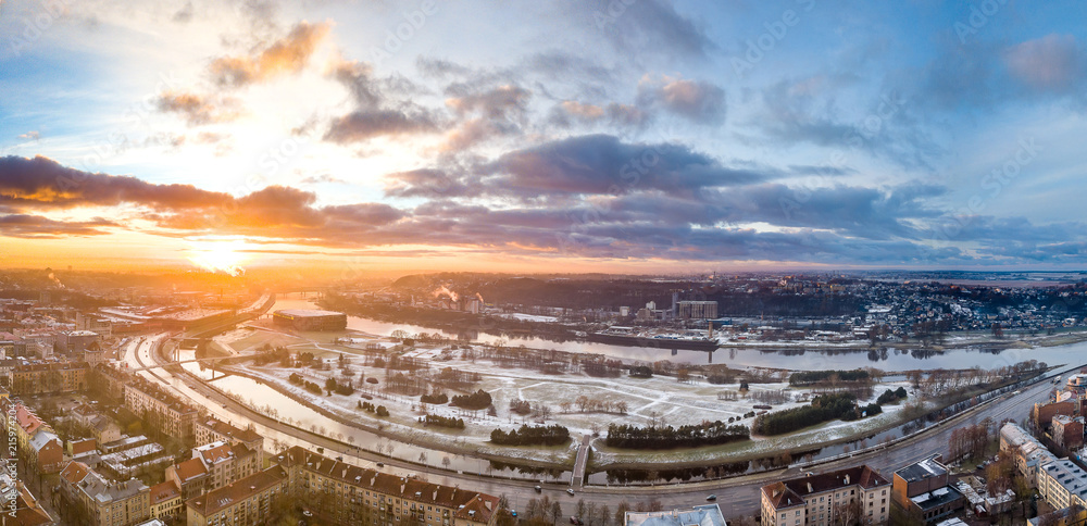 Drone aerial view of Kaunas city in cold winter morning