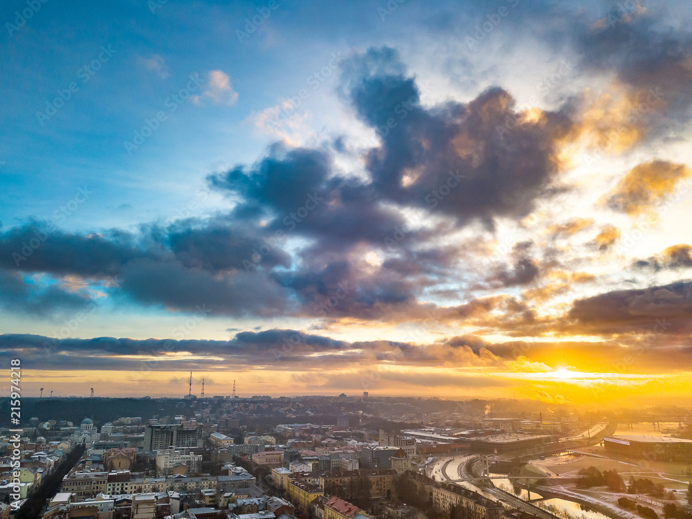 Drone aerial view of Kaunas city in cold winter morning