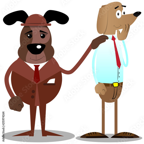 Cartoon vector illustrated business dogs comforting another.