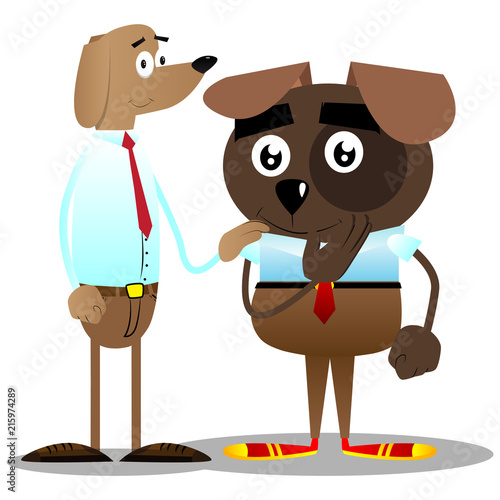 Cartoon vector illustrated business dogs comforting another.