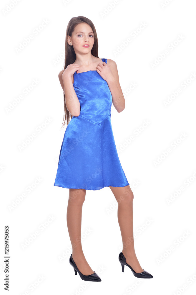 beautiful girl in blue dress posing 