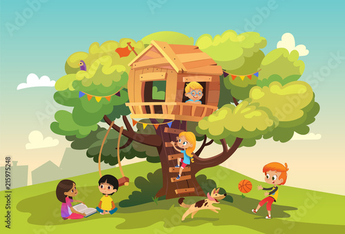 Happy multiracial boys and girls playing and having fun in the treehouse, kids playing with dog, and watering gun, reading book and climb ladder in the neighborhood. Detailed vector Illustration.