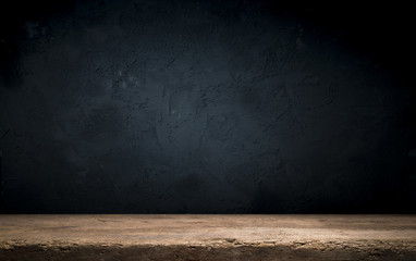Dark room with tile floor and brick wall background