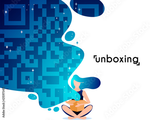 Girl open box in flat style. Cartoon character vector illustration.
