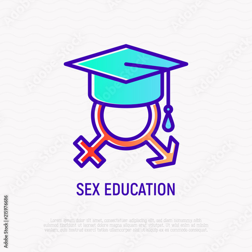 Sex education thin line icon. Gender symbols in graduation cap. Modern vector illustration.