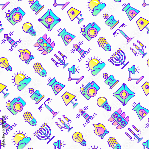 Lighting seamless pattern with thin line icons: bulb, LED, CFL, candle, table lamp, sunlight, spotlight, flash, candelabrum, bonfire, menorah, lighthouse, night aroma lamp. Modern vector illustration.