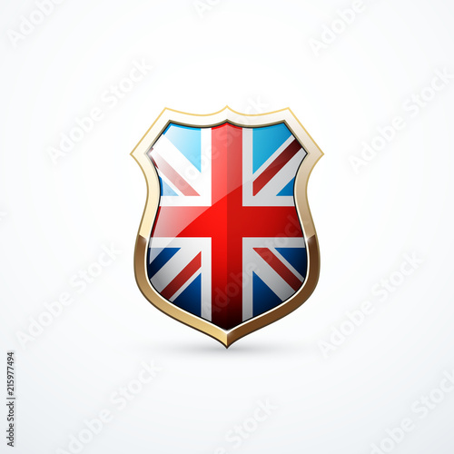 Gold shield with Great Britain flag elements. Great Britain shield icon. Vector illustration