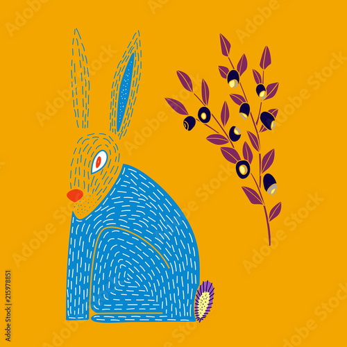 Vector illustration of cute hand drawn hare and blueberry.