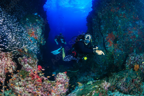 SCUBA diver swimming over a colorful, healthy tropical coral reef in the early morning
