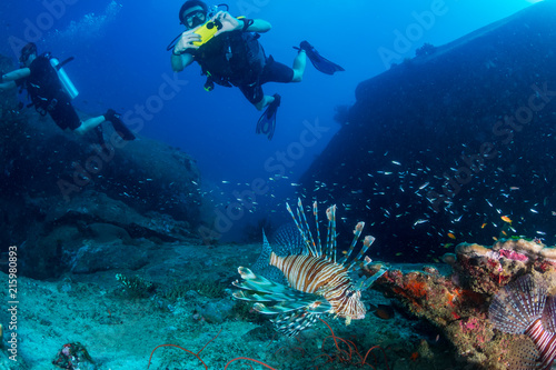 SCUBA divers next to a beautiful Lionfish on a tropical coral reef
