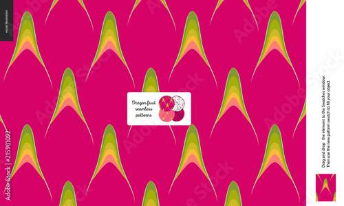 Food patterns, summer - fruit, dragonfruit texture, tiny half of dragon fruit image in the center - a seamless pattern of the dragonfruit rind, little thorns, aril, peel, skin, healthy vitamin fruit