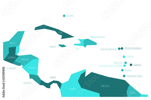 Map of Central America and Caribbean. Simlified schematic vector map in shades of turquoise blue.