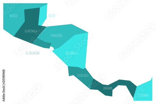 Political map of Central Amercia. Simlified schematic flat vector map in shades of turquoise blue.