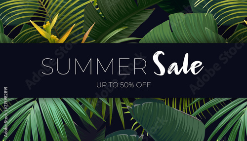 Summer vector floral sale banner. Dark tropical template design with banana and sabal palm leaves.