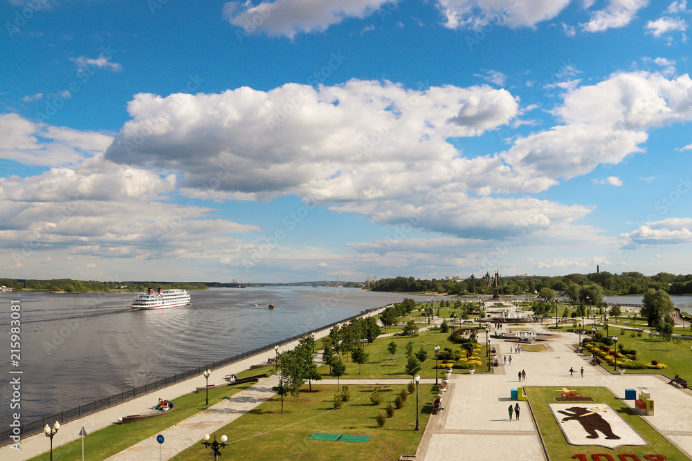 solemn sky over the great Russian river Volga near Yaroslavl. Clear clouds in the blue sky