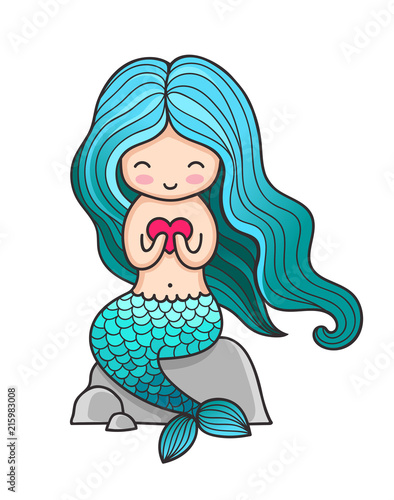 Cute little mermaid with heart, sitting on a rock. Vector colored illustration.