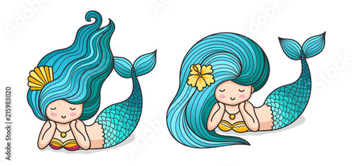 Cute lying dreamy mermaids with long blue hair. Cartoon characters. Vector illustration, isolated on white background.