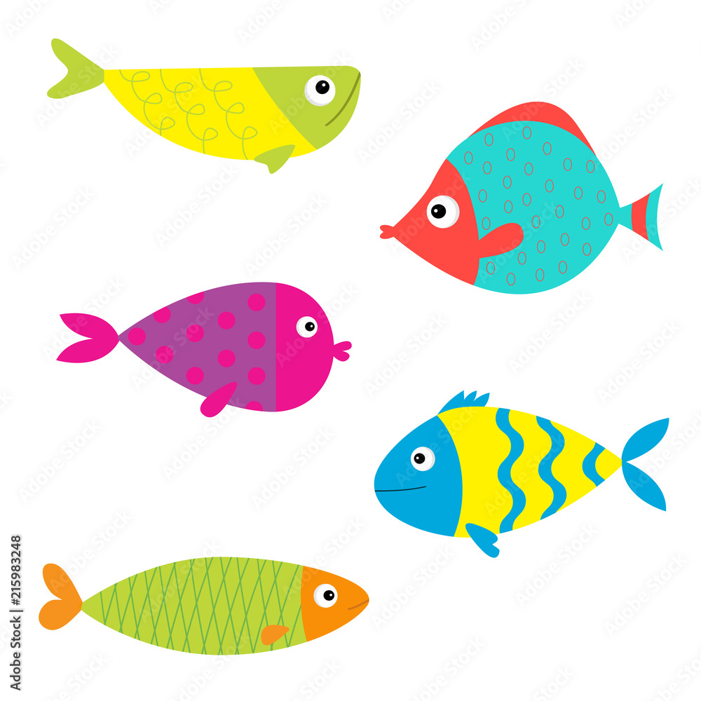 Fish icon set. Isolated. Baby kids collection. Cute cartoon colorful aquarium animals. White background. Flat design