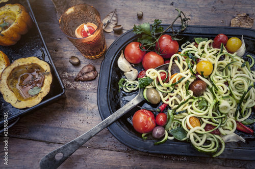 Pasta with herbs and tomatoes and roast squash