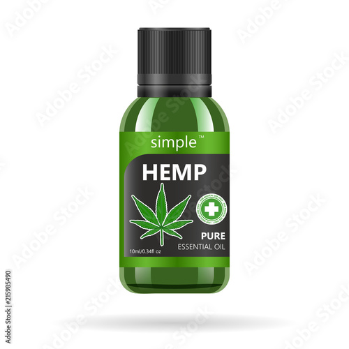 Realistic green glass bottle with cannabis. Mock up of hemp oil extracts, tablets or capsules in jars. Medical Marijuana logo on the label. Vector illustration.