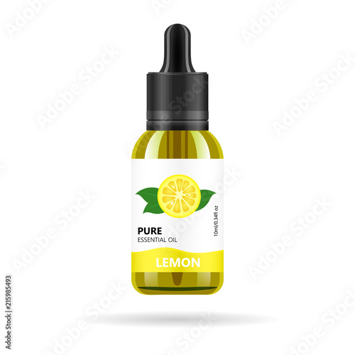 Lemon oil in glass jar. Vector packaging design template and emblem - beauty, medical and cosmetic oil. Mock up vial of lemon oil essence.