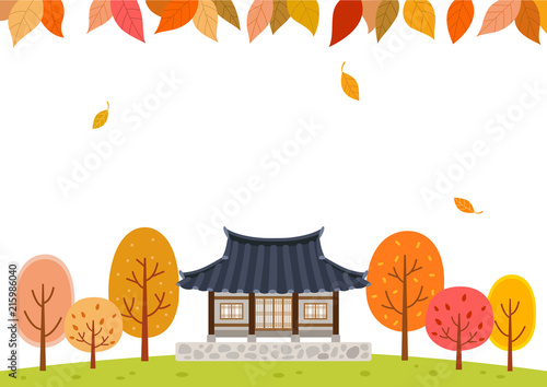 Autumn forest with Traditional Korean house.Mid Autumn Festival(Chuseok) Background