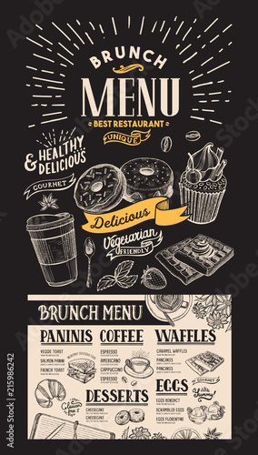 Brunch restaurant menu. Dessert food flyer for cafe. Design template with vintage hand-drawn illustrations.