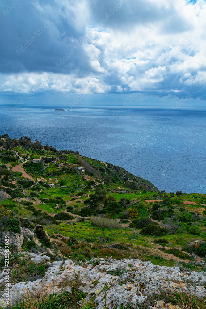 Mediterranean coastline of Malta island from high point.