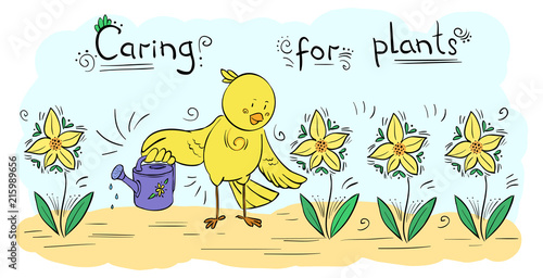 Vector decor illustration Bird watering plants - greeting card