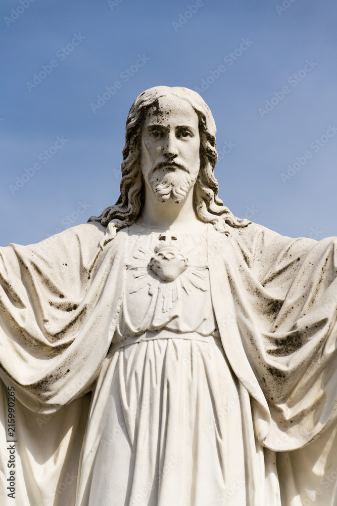 Jesus Christ with open arms statue in front of Pilgrimage Basilica of the Assumption of the Virgin Mary and St. Cyril and Methodius at Velehrad Monastery, Moravia, Czech Republic