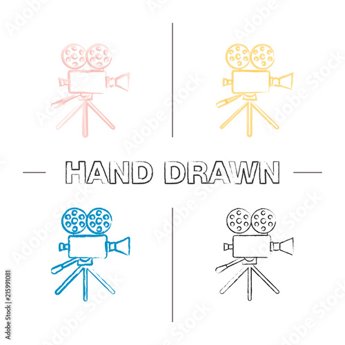 Movie camera hand drawn icons set