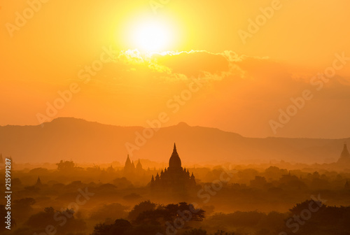 The beautiful sunset over the ancient temple in Bagan the first kingdom of Myanmar. 