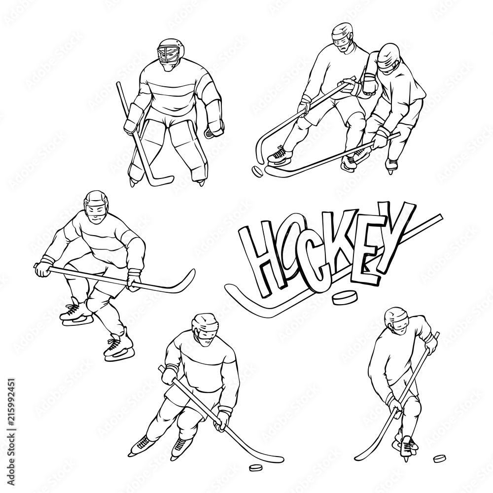 Fototapeta premium Vector set hockey player and goalkeeper in sports uniform. Black white outline illustration and inscription letters. Vintage sportsmans motion with hockey stick and puck in different race.