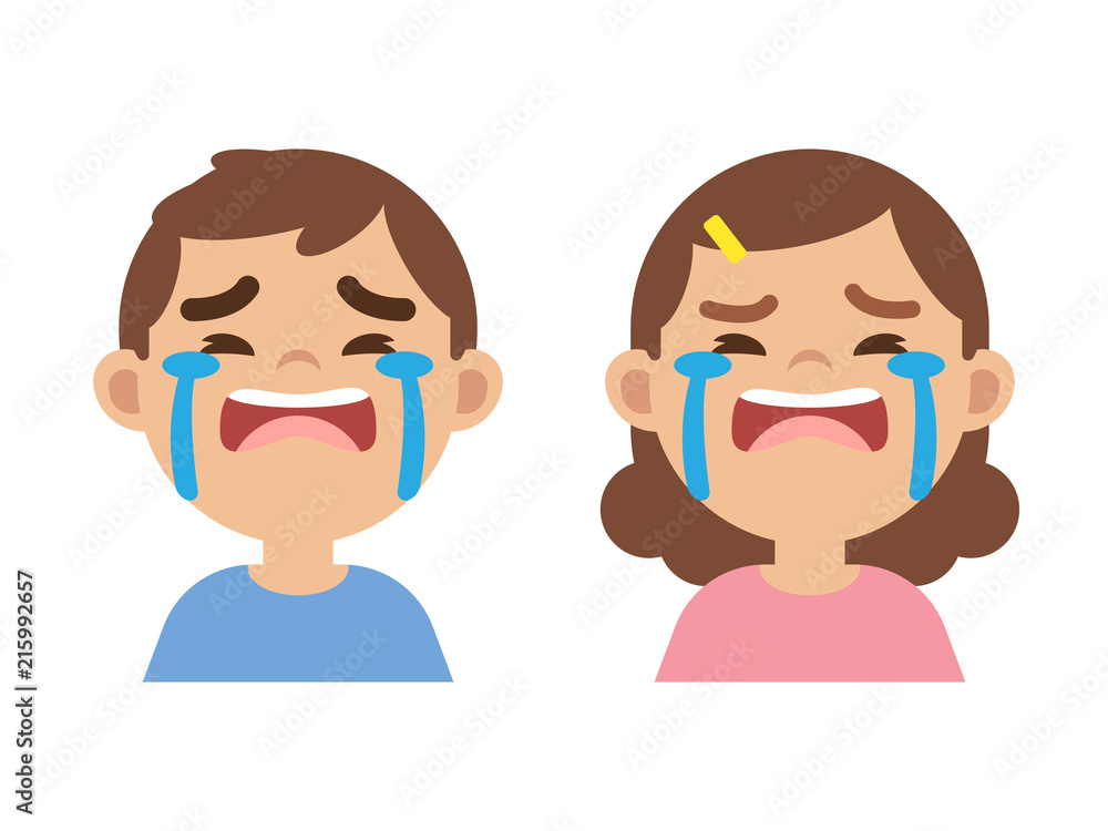 Cute little boy and girl crying, close up face, vector illustration.