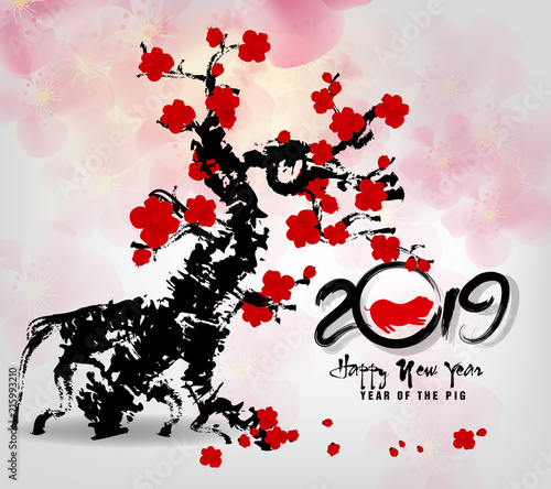 Happy New Year 2019. Chienese New Year, Year of the Pig photo