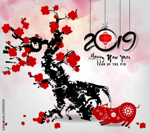 Happy New Year 2019. Chienese New Year, Year of the Pig photo