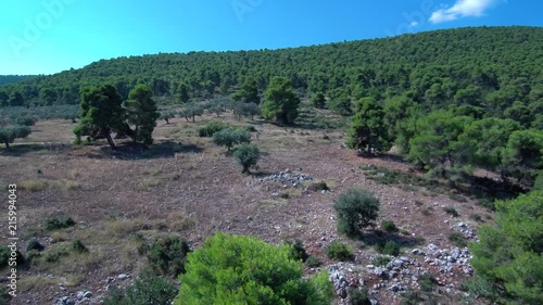 Aerial footage of a mountain in Argolis Greece. View of the Saronic gulf. Reveal shot. photo