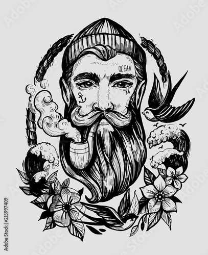 Head of a man with a beard and a smoking pipe. Сharacter of a sailor. Tattoo or print. Hand drawn illustration converted to vector photo